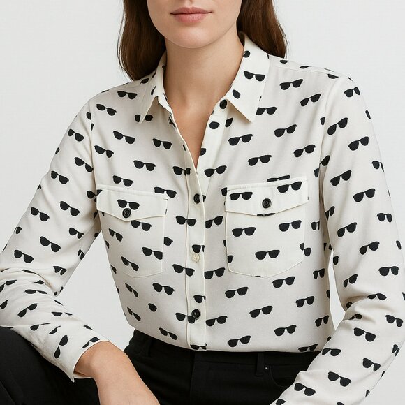 Karl Lagerfeld Sunglasses Print Button-Up Blouse Size Extra Small - Picture 1 of 6